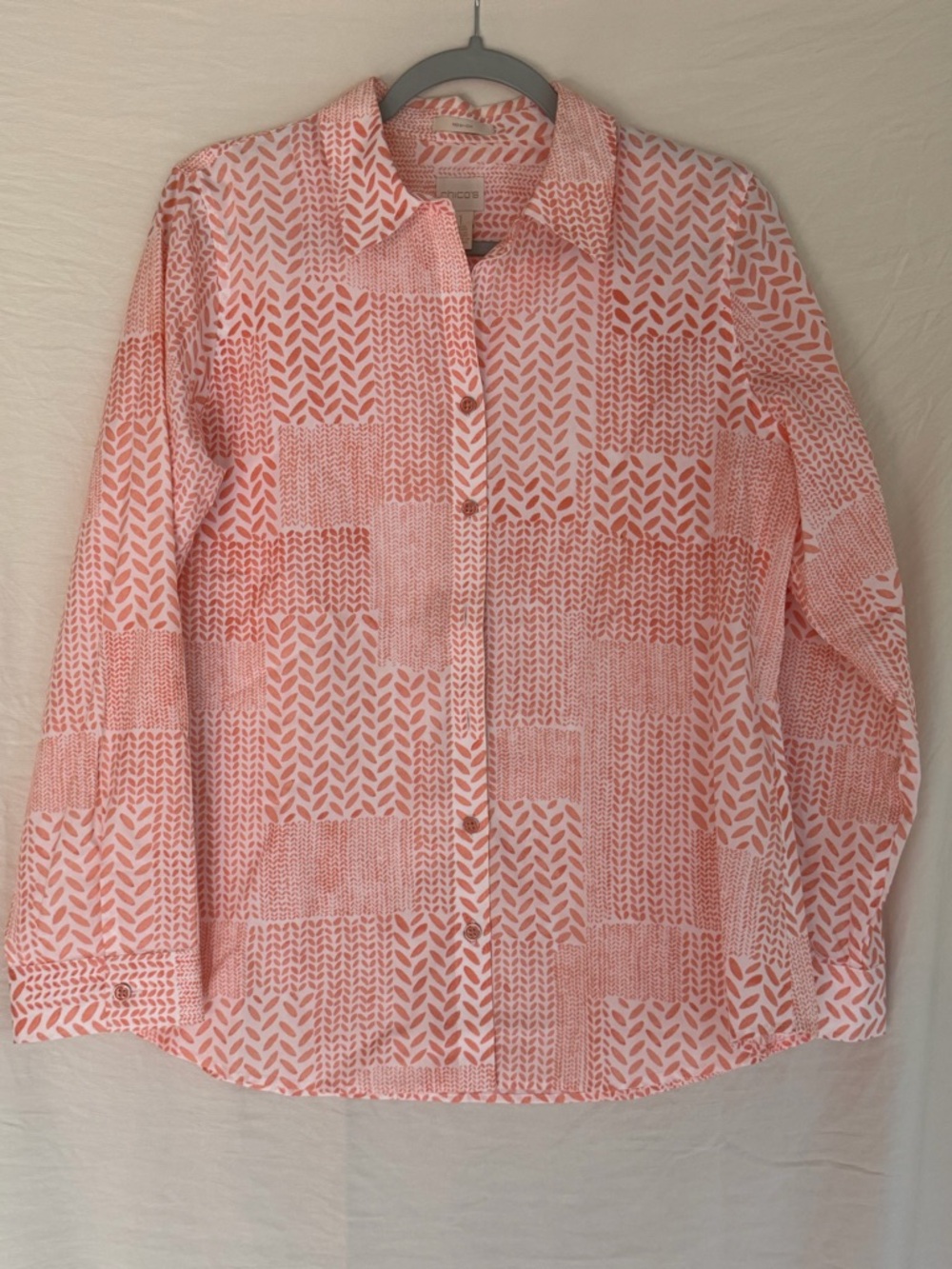 Chico's Coral and White Patterned Button-Front Blouse